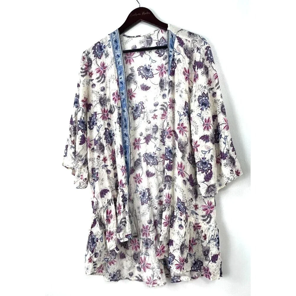 Maurices Womens Floral Cream Open Front Lightweight Cardigan Kimono Sz L 1335U2 - Picture 3 of 12